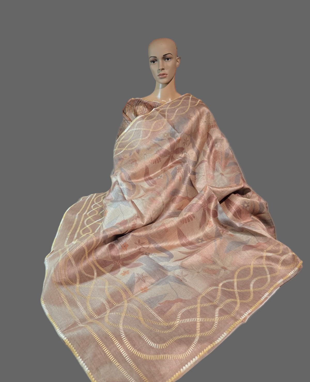 USA Shipping Buy Biscuit Color Semi-Silk Saree with Digital Print & Beautiful Crochet Border