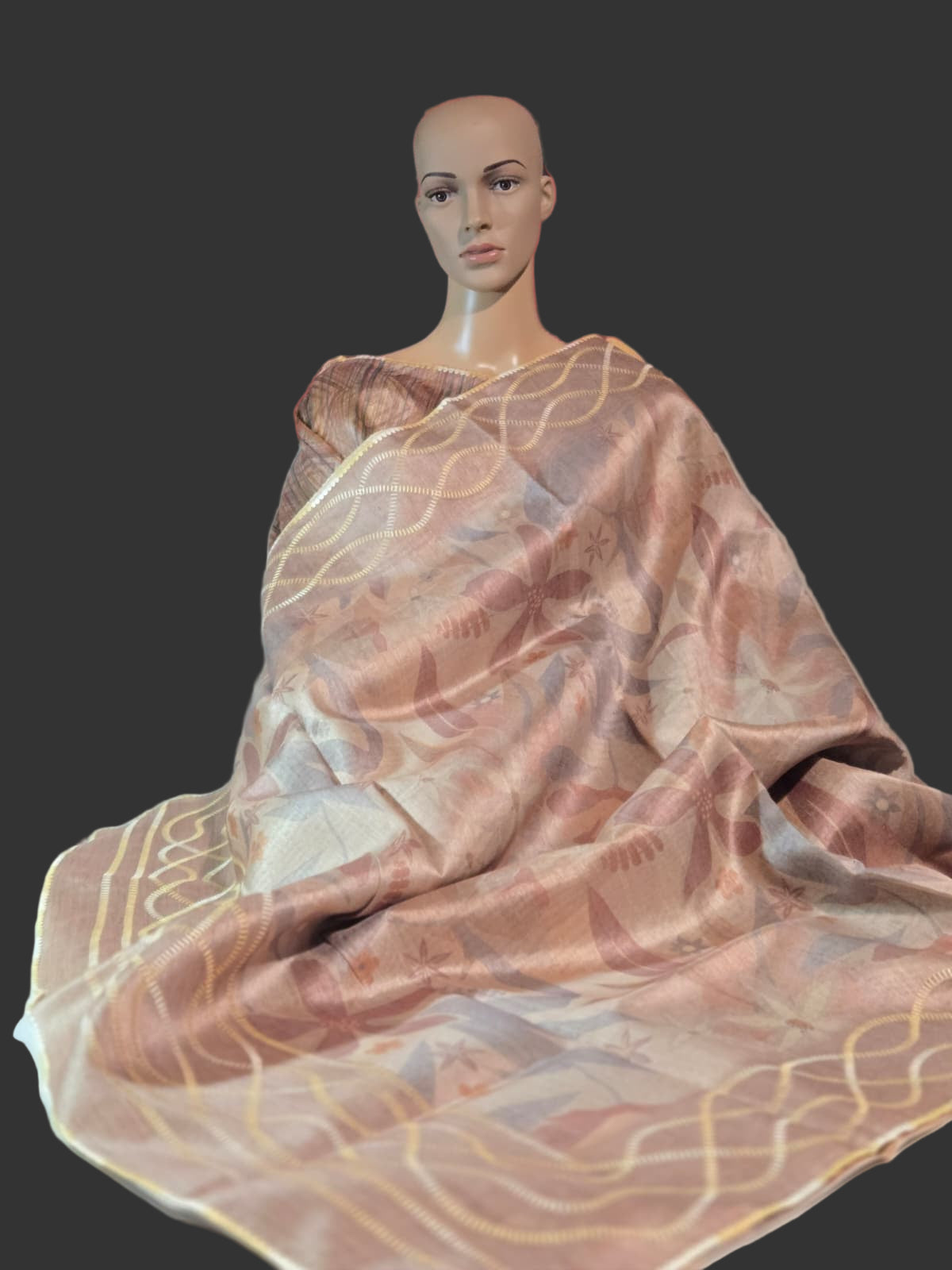 USA Shipping Buy Biscuit Color Semi-Silk Saree with Digital Print & Beautiful Crochet Border