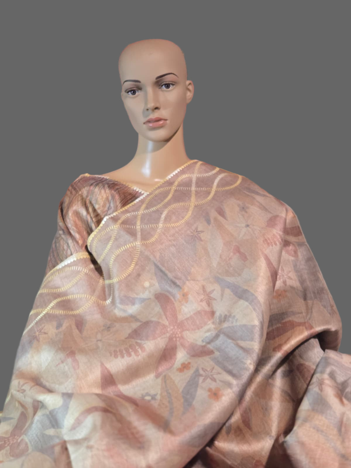 USA Shipping Buy Biscuit Color Semi-Silk Saree with Digital Print & Beautiful Crochet Border