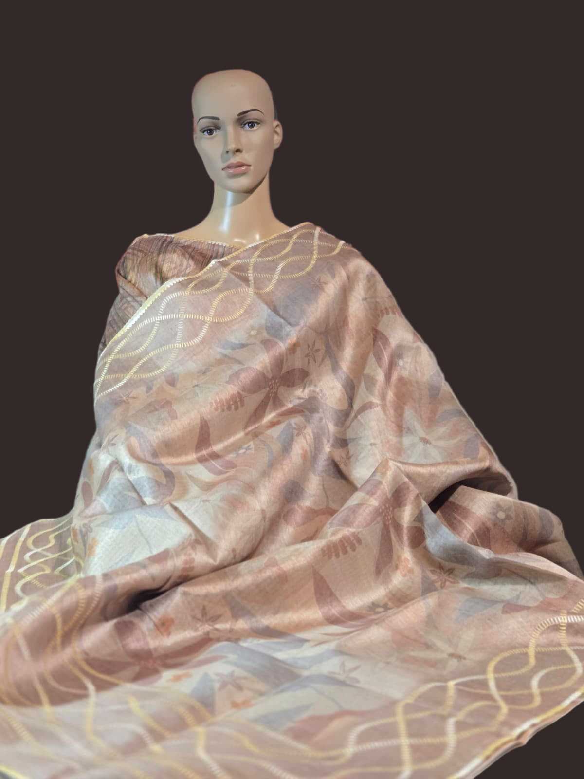 USA Shipping Buy Biscuit Color Semi-Silk Saree with Digital Print & Beautiful Crochet Border