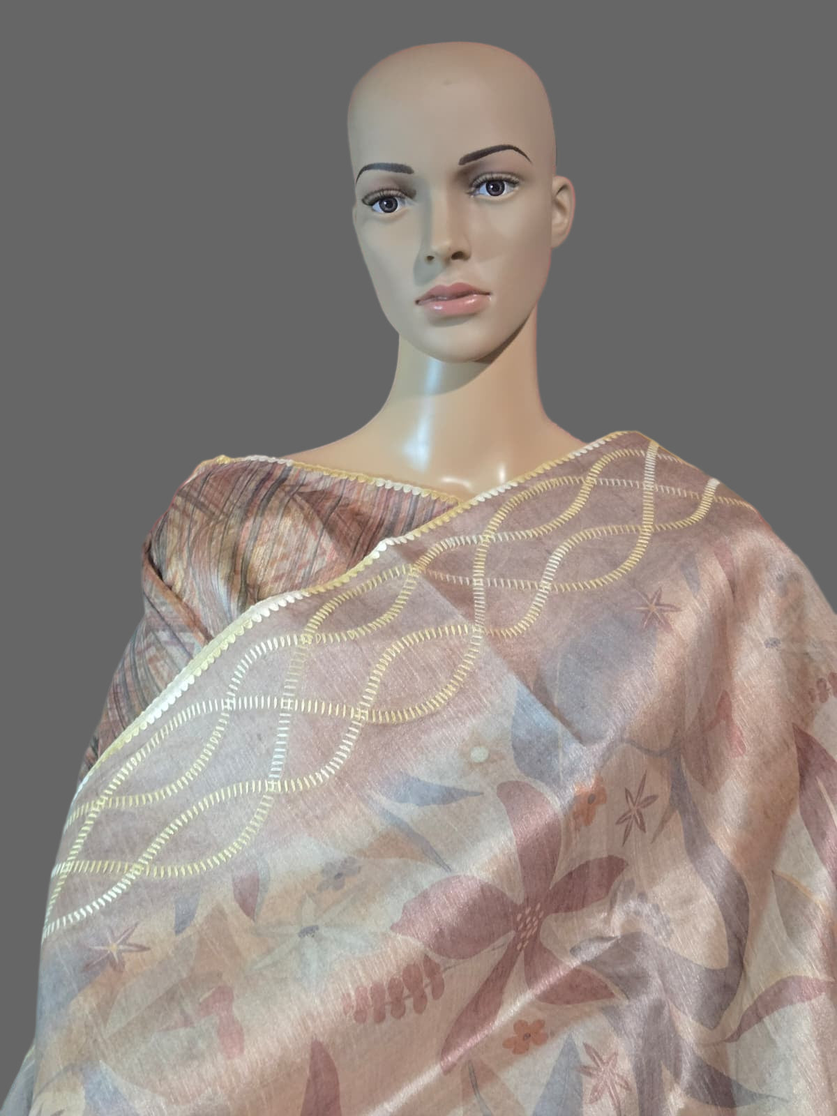 USA Shipping Buy Biscuit Color Semi-Silk Saree with Digital Print & Beautiful Crochet Border