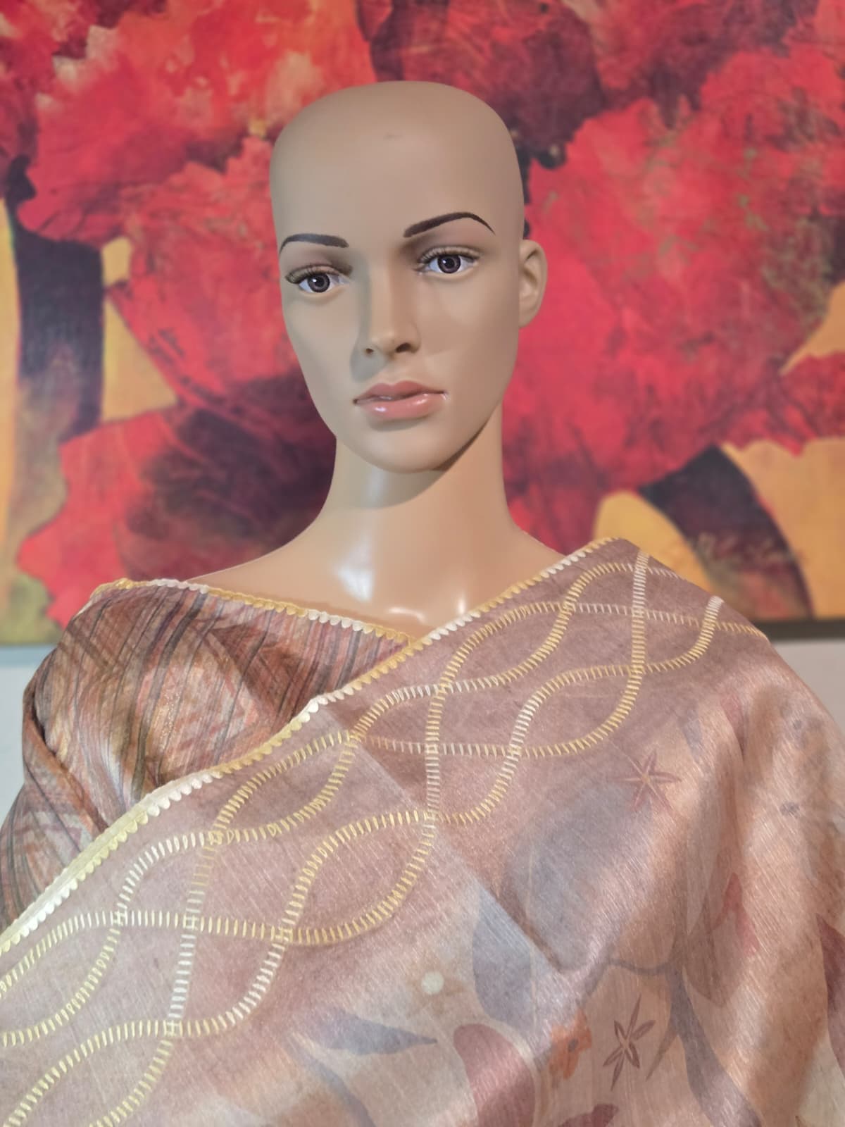 USA Shipping Buy Biscuit Color Semi-Silk Saree with Digital Print & Beautiful Crochet Border