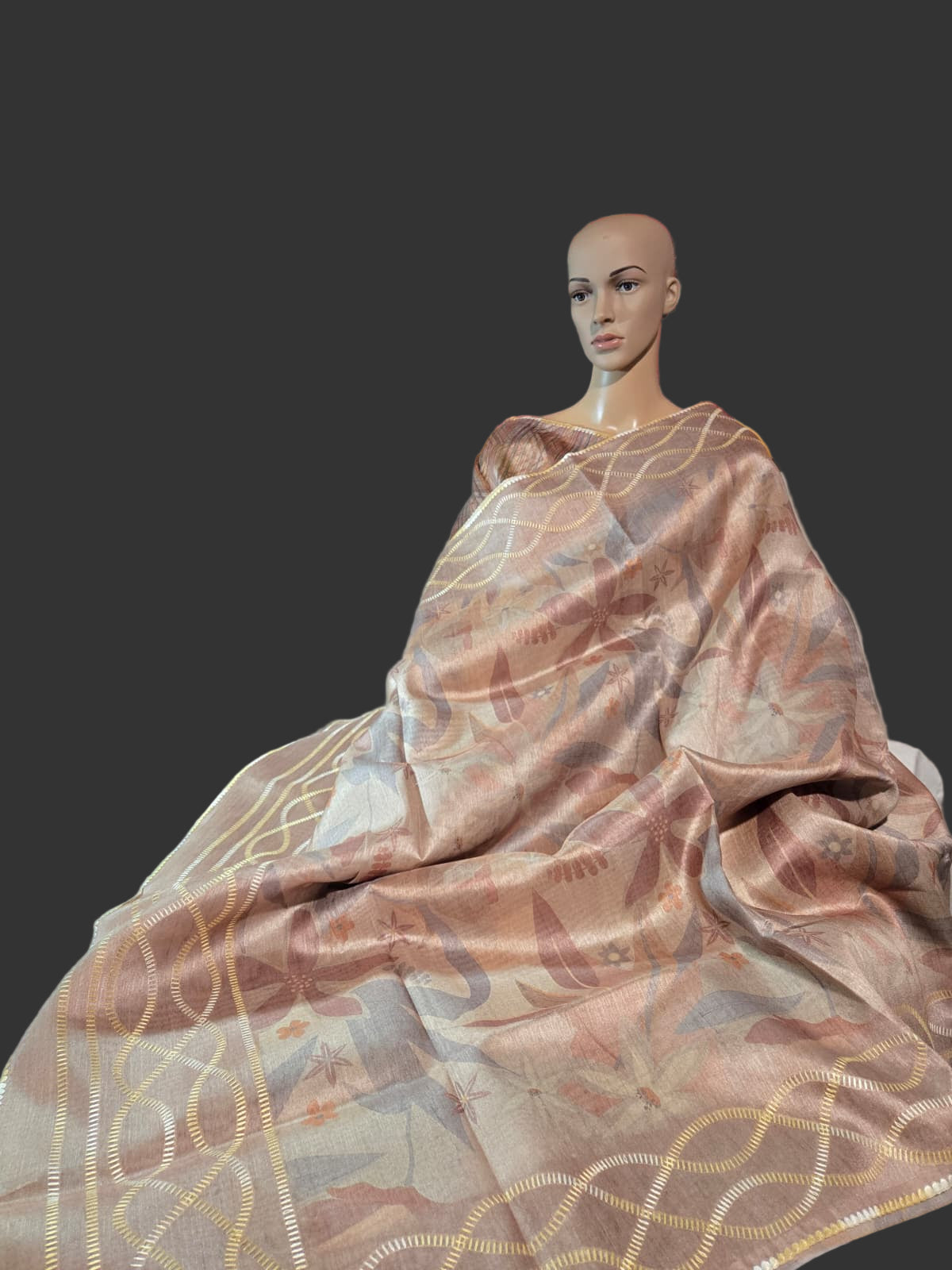 USA Shipping Buy Biscuit Color Semi-Silk Saree with Digital Print & Beautiful Crochet Border