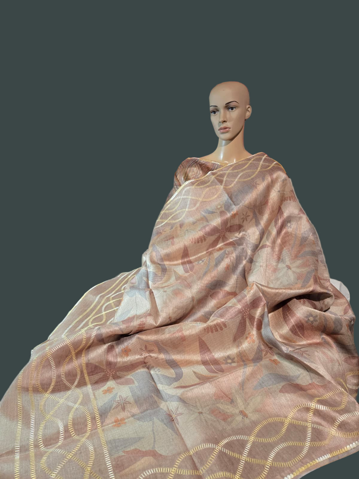 USA Shipping Buy Biscuit Color Semi-Silk Saree with Digital Print & Beautiful Crochet Border
