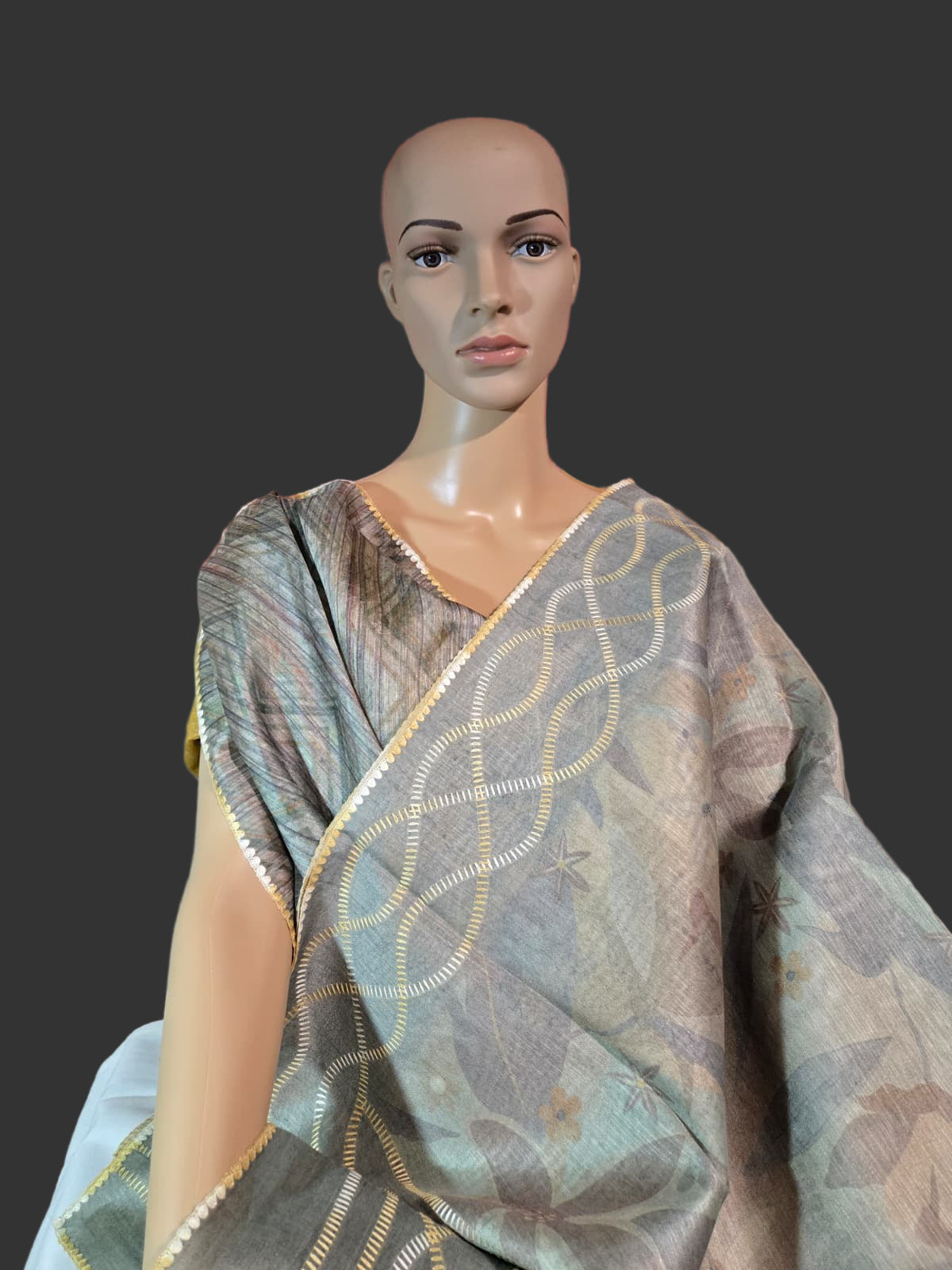USA Shipping Buy Semi-Silk Saree with Digital Print & Beautiful Crochet Border- Green Grey color