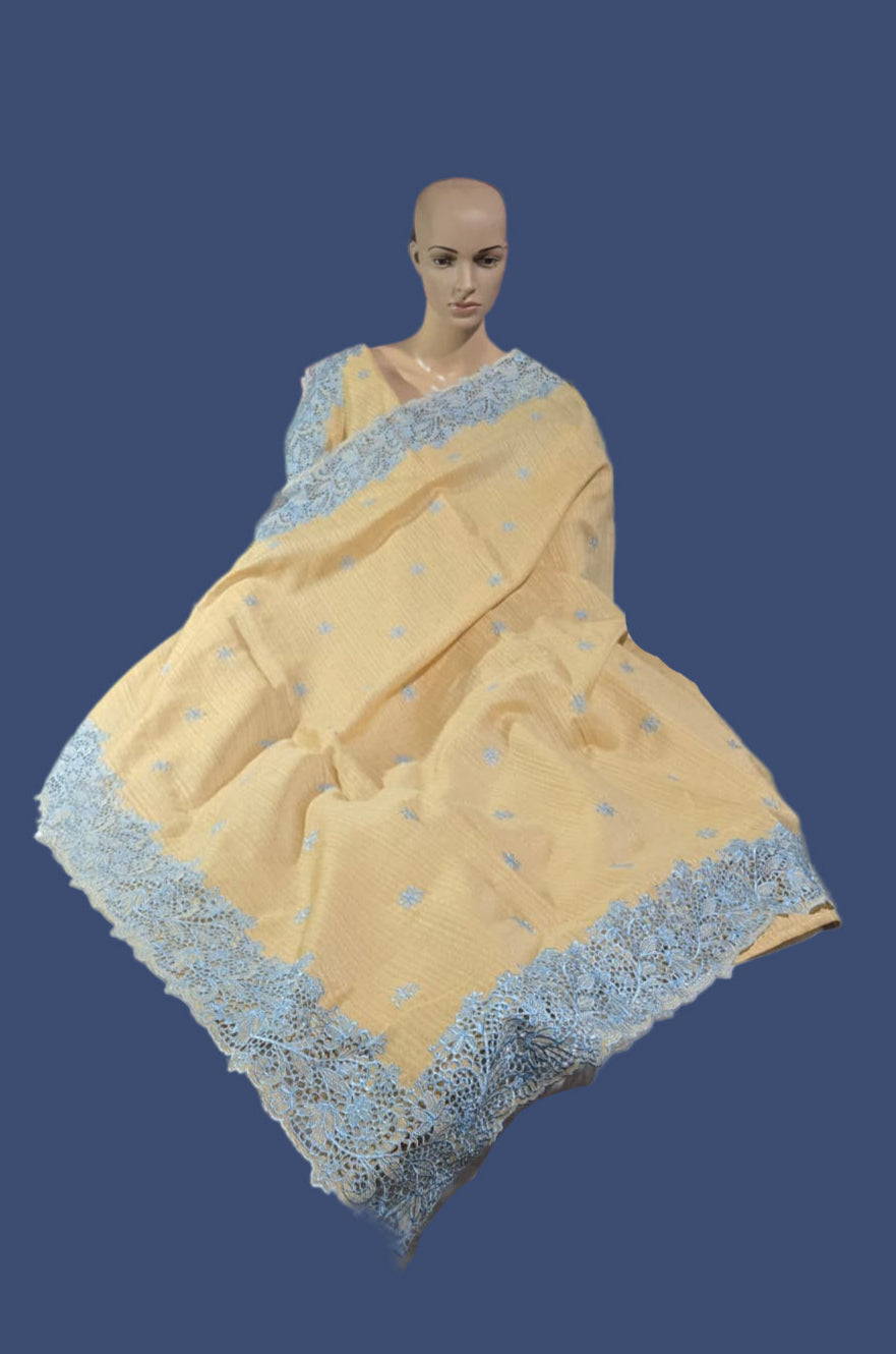 Ships from USA Exclusive Semi Jute Silk Saree with White Cutwork Border & Matching Blouse | Yellow Saree with blouse buy from USA