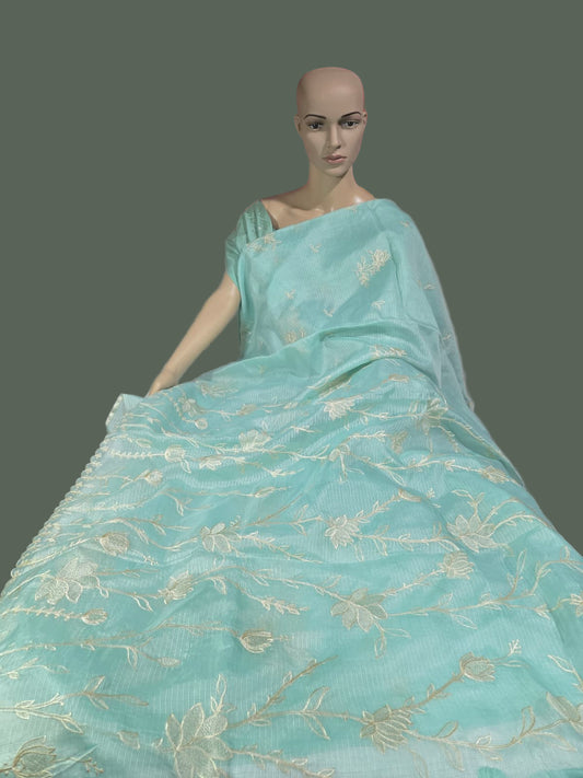 Exclusive Silk Saree Appliqué Work – Buy Silky Kotta Saree with Thread Work & Chanderi Blouse – Ships from USA- Green