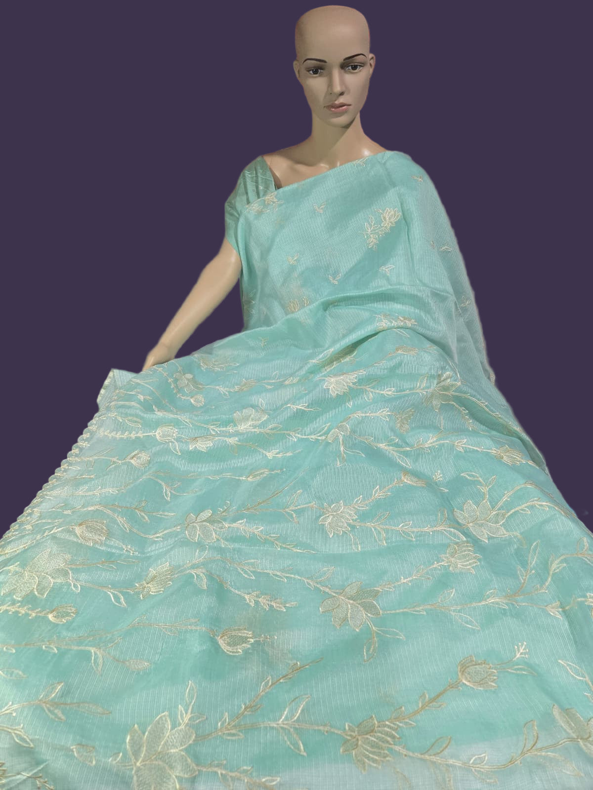 Exclusive Silk Saree Appliqué Work – Buy Silky Kotta Saree with Thread Work & Chanderi Blouse – Ships from USA- Green