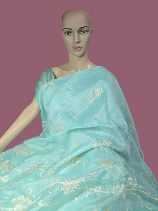 Exclusive Silk Saree Appliqué Work – Buy Silky Kotta Saree with Thread Work & Chanderi Blouse – Ships from USA- Green