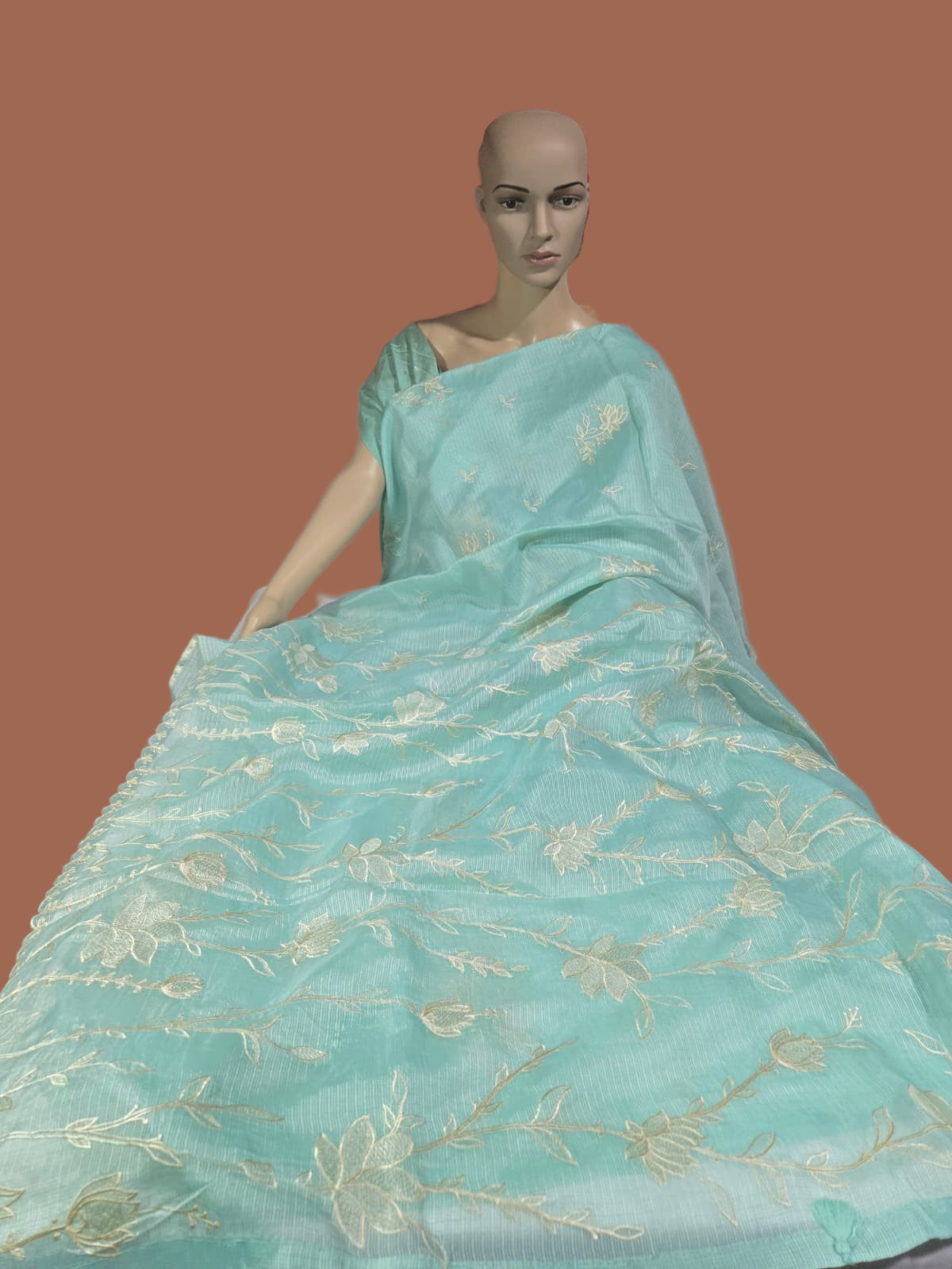 Exclusive Silk Saree Appliqué Work – Buy Silky Kotta Saree with Thread Work & Chanderi Blouse – Ships from USA- Green