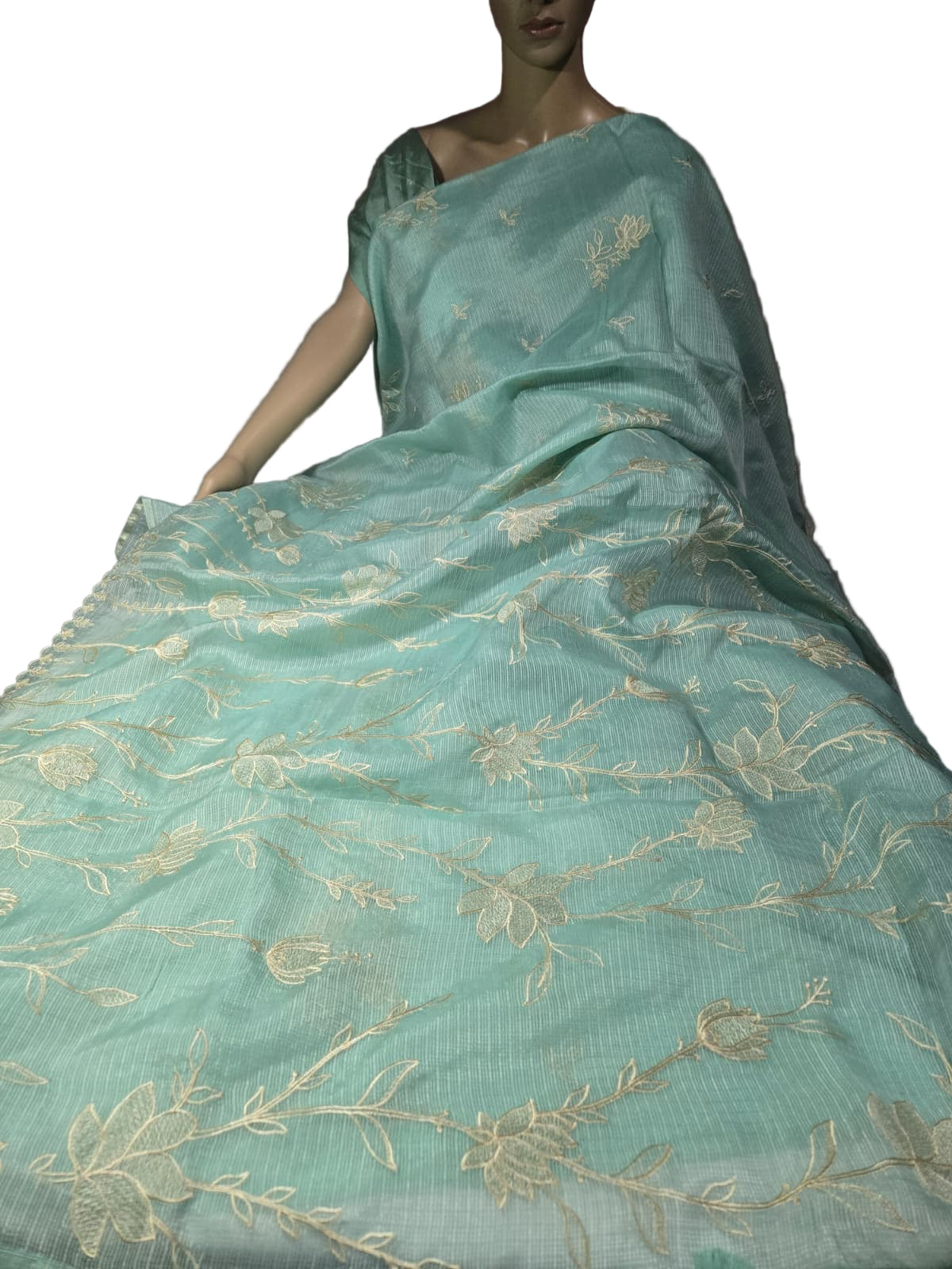 Exclusive Silk Saree Appliqué Work – Buy Silky Kotta Saree with Thread Work & Chanderi Blouse – Ships from USA- Green