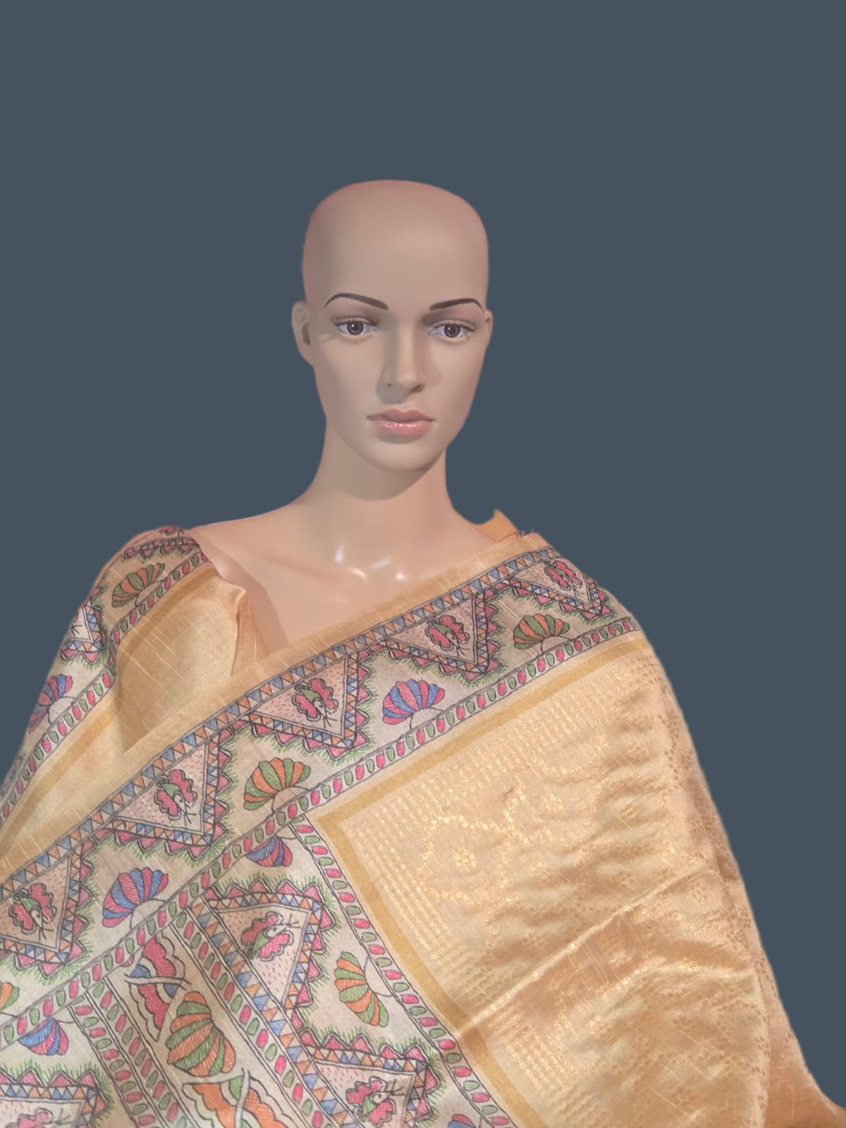 Tusser Silk Saree Madhubani Print Border  in Sandal & Beige with Allover Zari Weaving and – Handcrafted Traditional Saree for Bridal & Festive Occasions