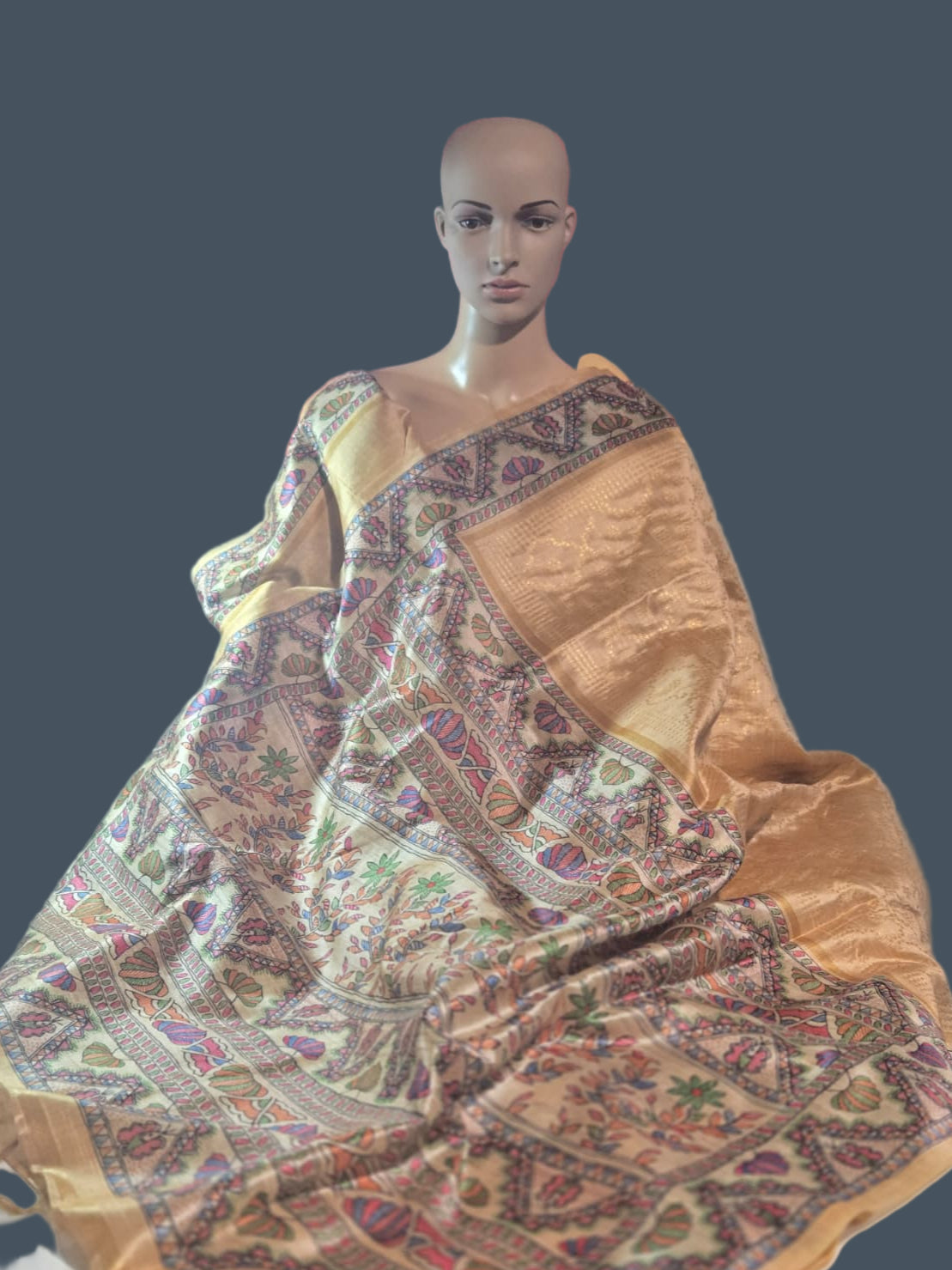 Tusser Silk Saree Madhubani Print Border  in Sandal & Beige with Allover Zari Weaving and – Handcrafted Traditional Saree for Bridal & Festive Occasions