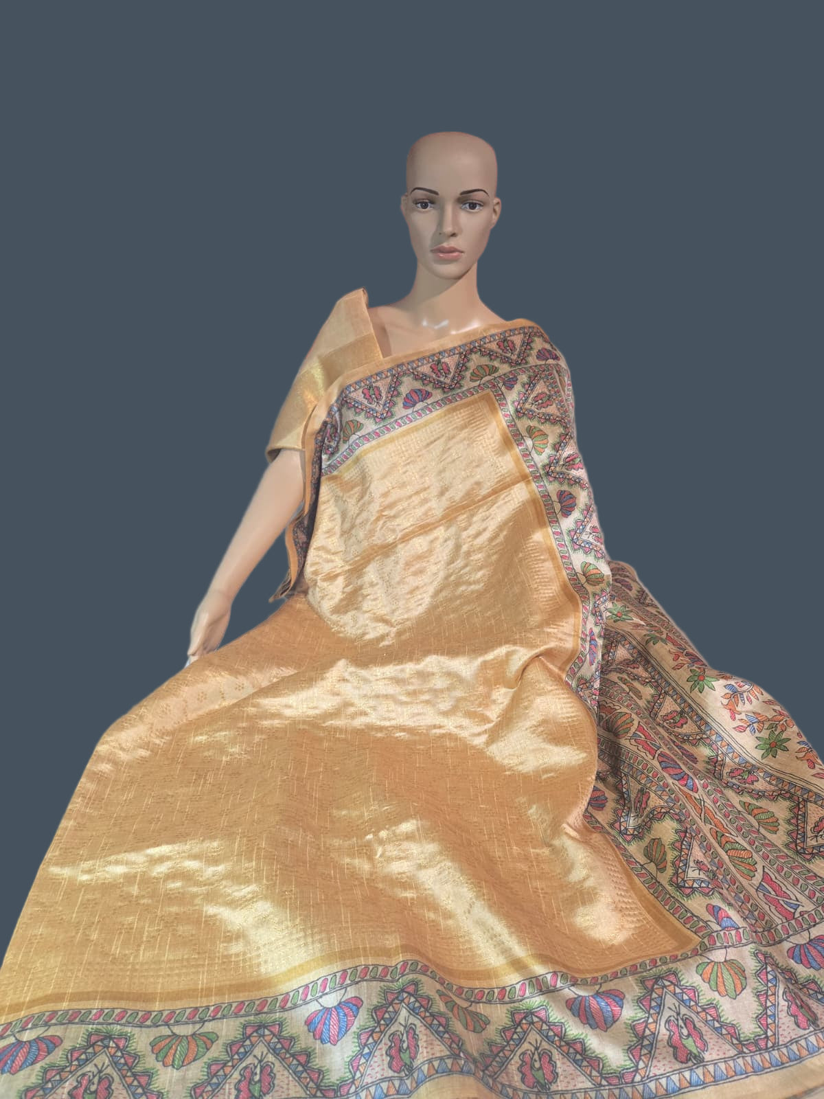 Tusser Silk Saree Madhubani Print Border  in Sandal & Beige with Allover Zari Weaving and – Handcrafted Traditional Saree for Bridal & Festive Occasions
