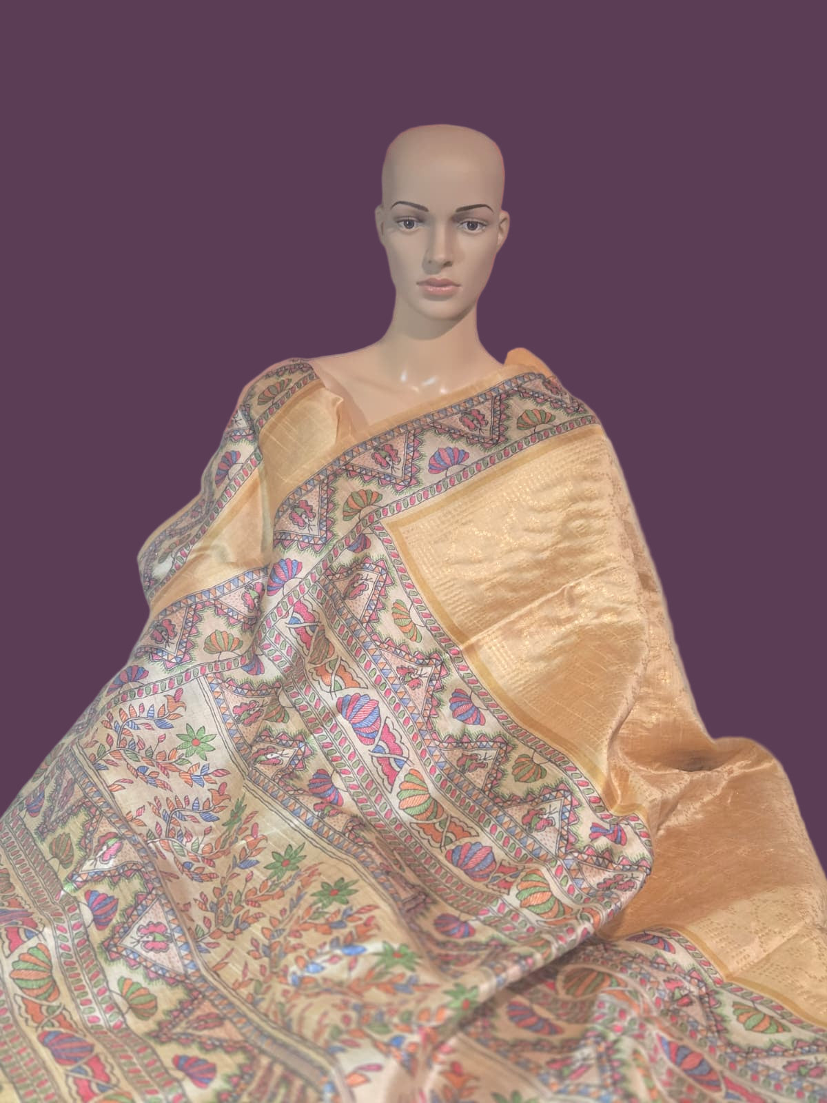 Tusser Silk Saree Madhubani Print Border  in Sandal & Beige with Allover Zari Weaving and – Handcrafted Traditional Saree for Bridal & Festive Occasions