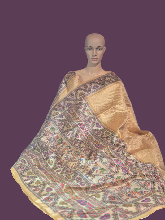 Tusser Silk Saree Madhubani Print Border  in Sandal & Beige with Allover Zari Weaving and – Handcrafted Traditional Saree for Bridal & Festive Occasions