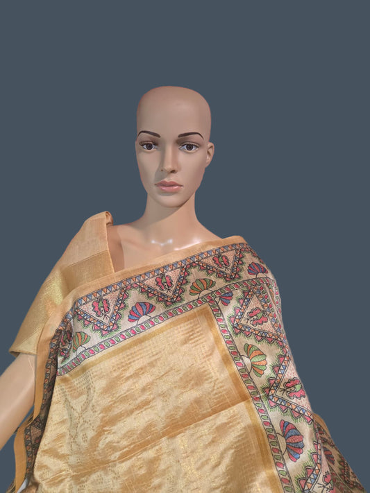 Tusser Silk Saree Madhubani Print Border  in Sandal & Beige with Allover Zari Weaving and – Handcrafted Traditional Saree for Bridal & Festive Occasions
