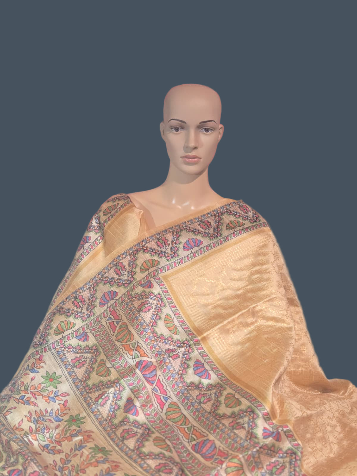 Tusser Silk Saree Madhubani Print Border  in Sandal & Beige with Allover Zari Weaving and – Handcrafted Traditional Saree for Bridal & Festive Occasions