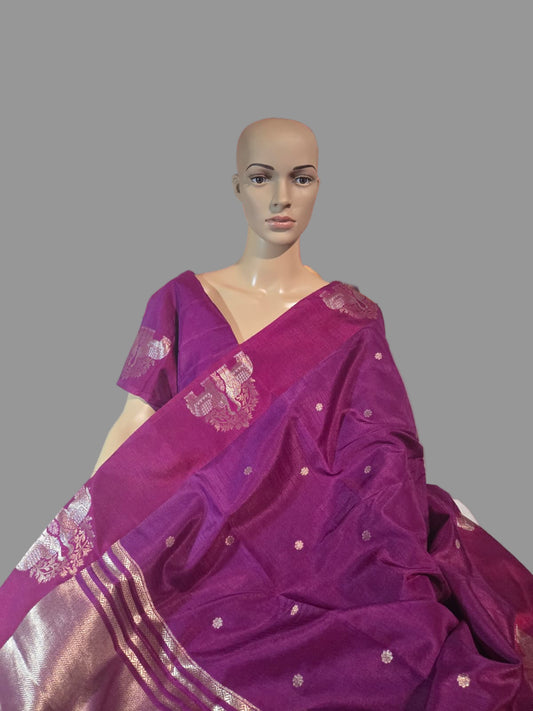 Soft Silk Saree with Zari-Woven Buttas & Elephant Design Border Purple | Elegant Wedding & Festive Saree – Fast Shipping from USA