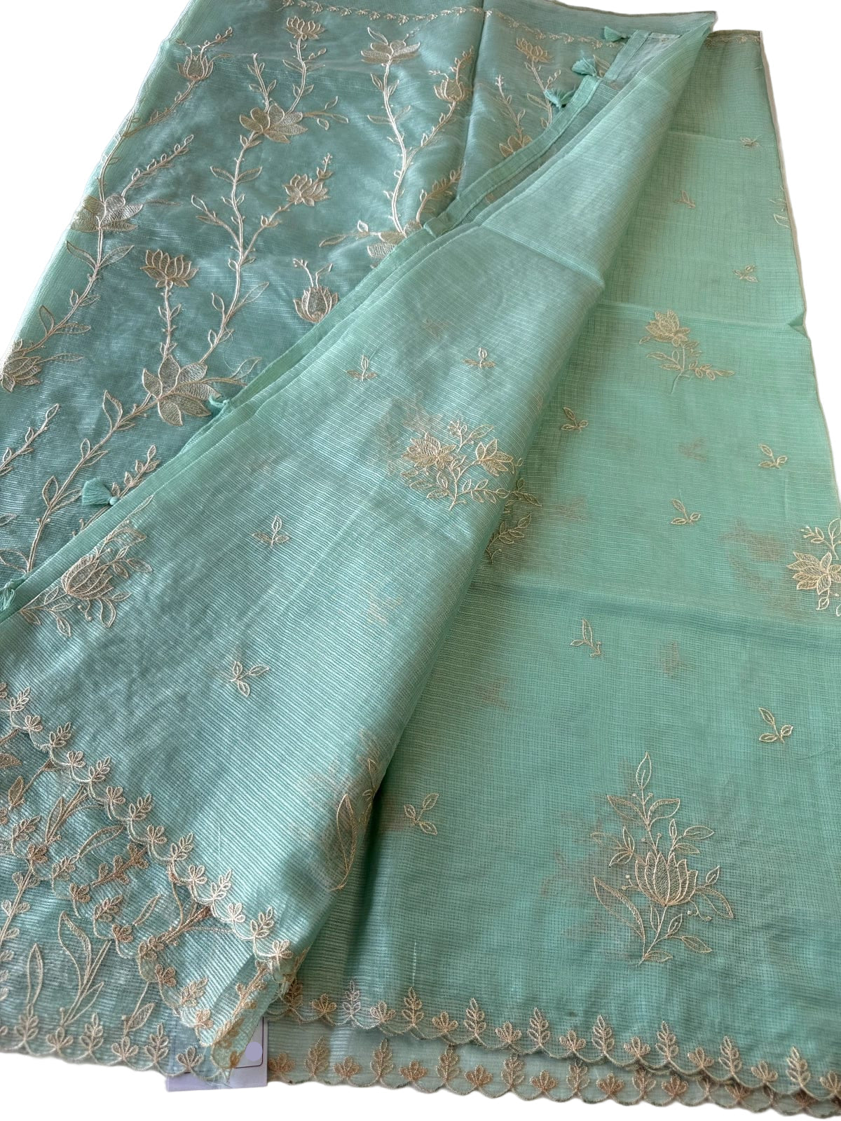 Exclusive Silk Saree Appliqué Work – Buy Silky Kotta Saree with Thread Work & Chanderi Blouse – Ships from USA- Green