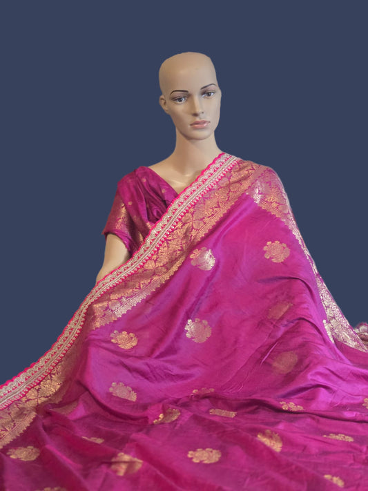 Russian Cotton Silk Weaving Saree with Rich Jari Pallu & Scalloped Embroidery Border -Majenta Rani Pink– Buy from USA