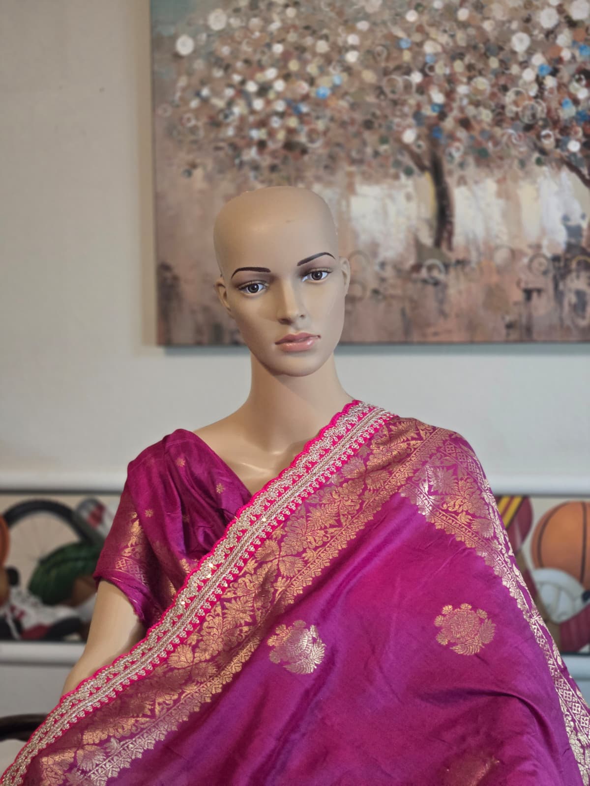 Russian Cotton Silk Weaving Saree with Rich Jari Pallu & Scalloped Embroidery Border -Majenta Rani Pink– Buy from USA