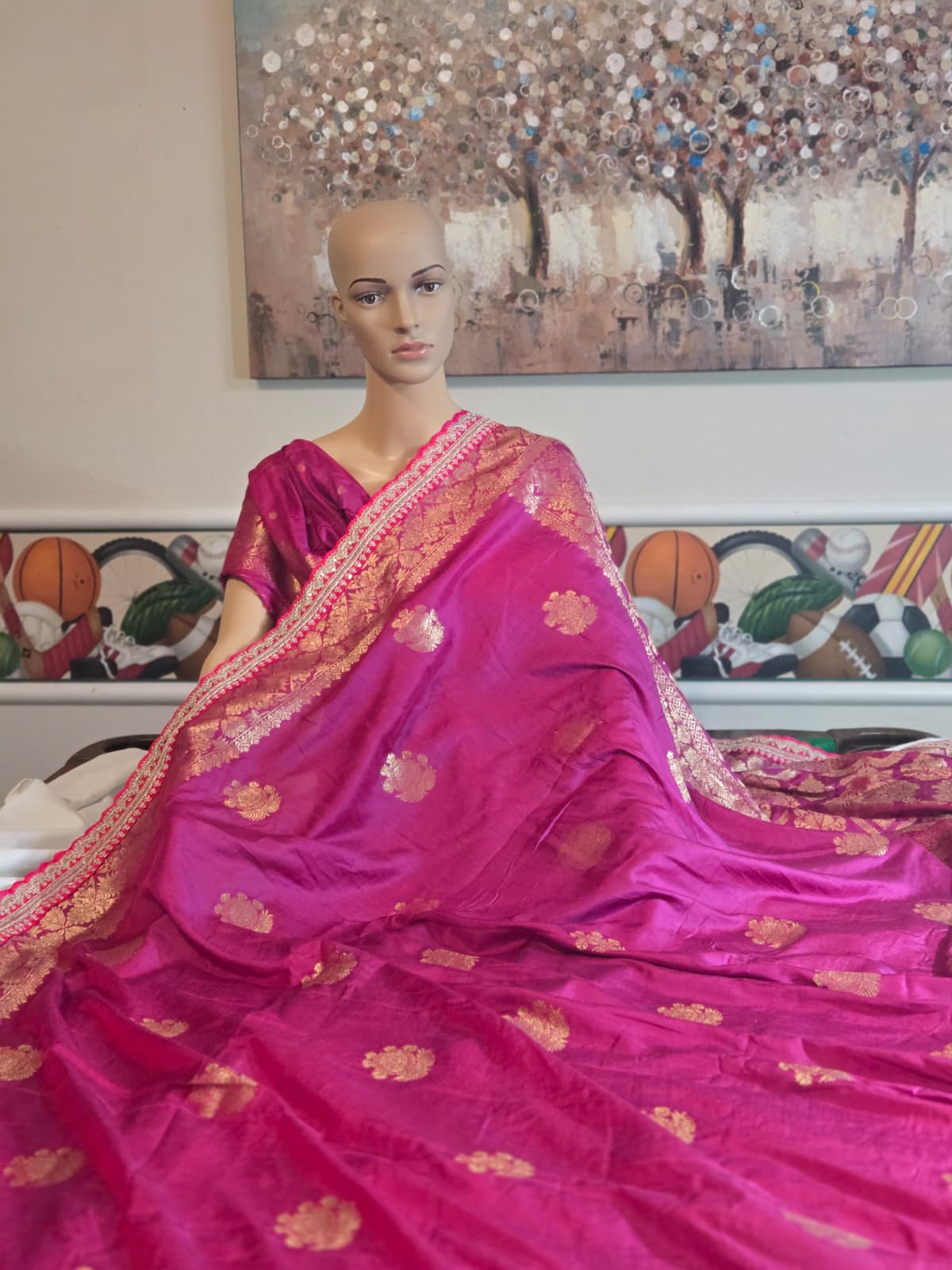 Russian Cotton Silk Weaving Saree with Rich Jari Pallu & Scalloped Embroidery Border -Majenta Rani Pink– Buy from USA