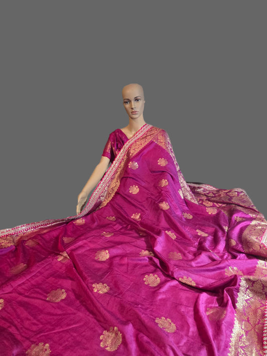 Russian Cotton Silk Weaving Saree with Rich Jari Pallu & Scalloped Embroidery Border -Majenta Rani Pink– Buy from USA