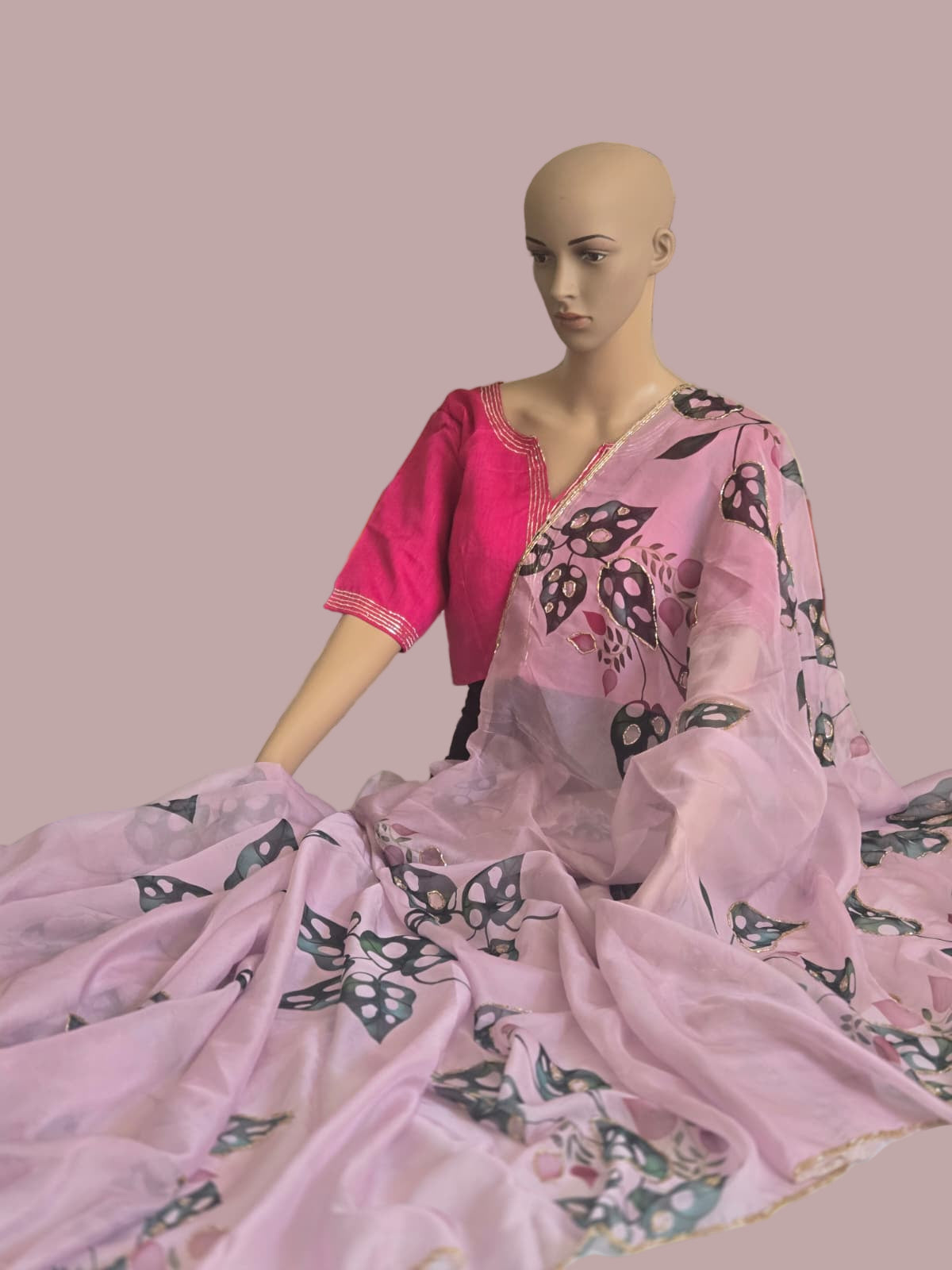 Tebby Embroidery Silk Saree with Stitched Blouse Buy from USA with Floral Print & Handwork Khatli Cutdana Border