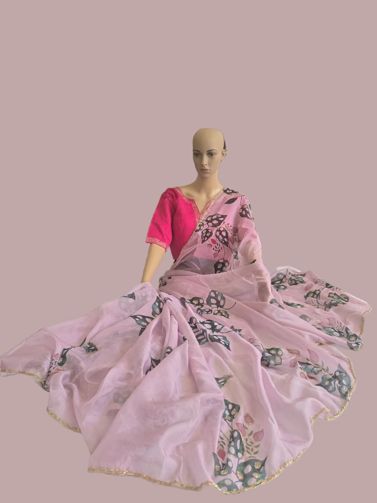 Tebby Embroidery Silk Saree with Stitched Blouse Buy from USA with Floral Print & Handwork Khatli Cutdana Border