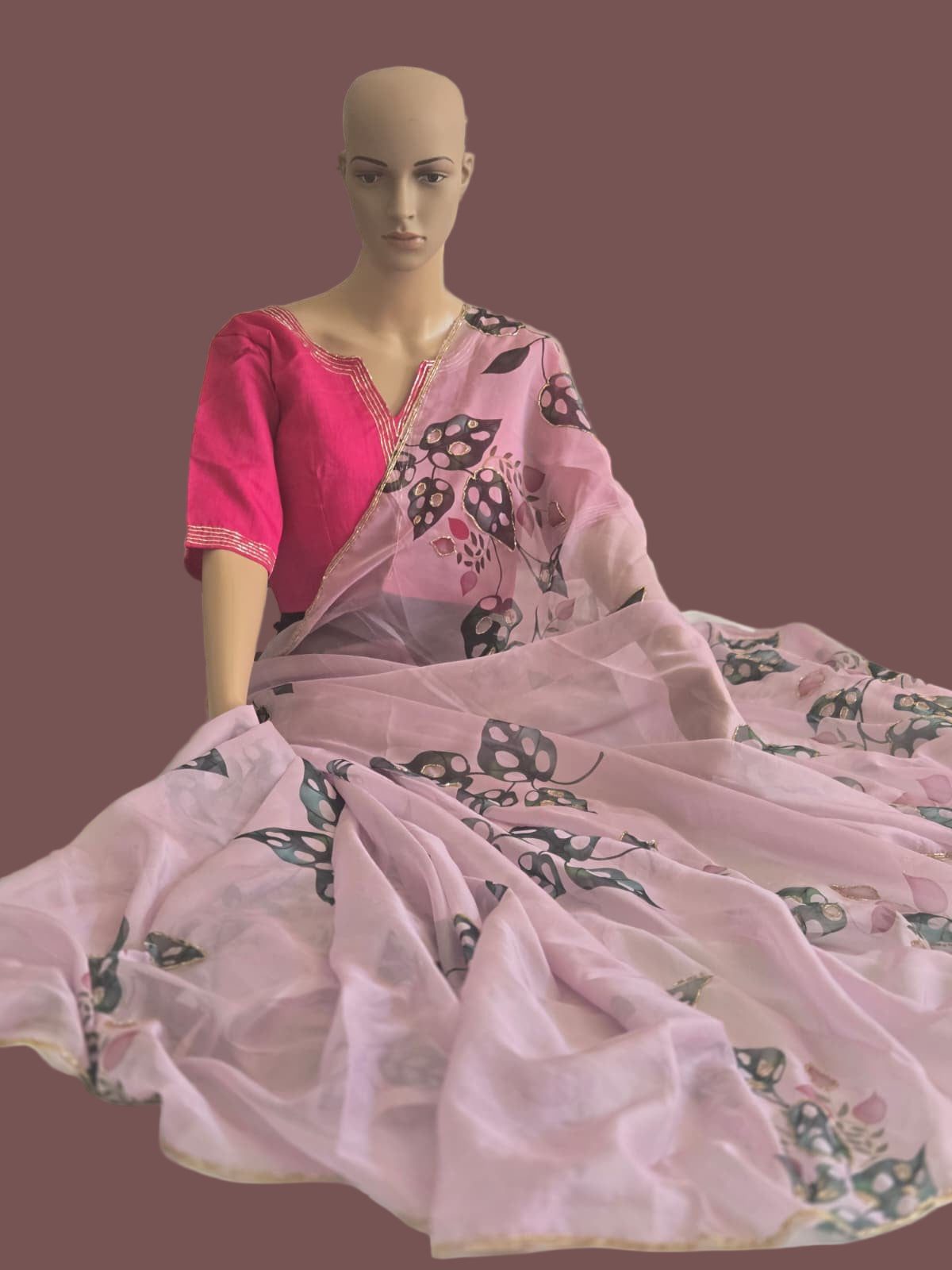 Tebby Embroidery Silk Saree with Stitched Blouse Buy from USA with Floral Print & Handwork Khatli Cutdana Border
