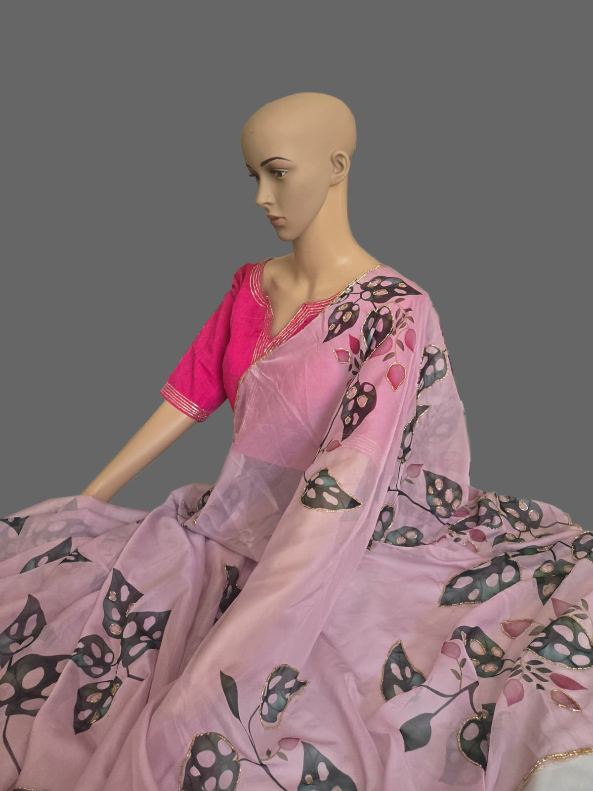 Tebby Embroidery Silk Saree with Stitched Blouse Buy from USA with Floral Print & Handwork Khatli Cutdana Border