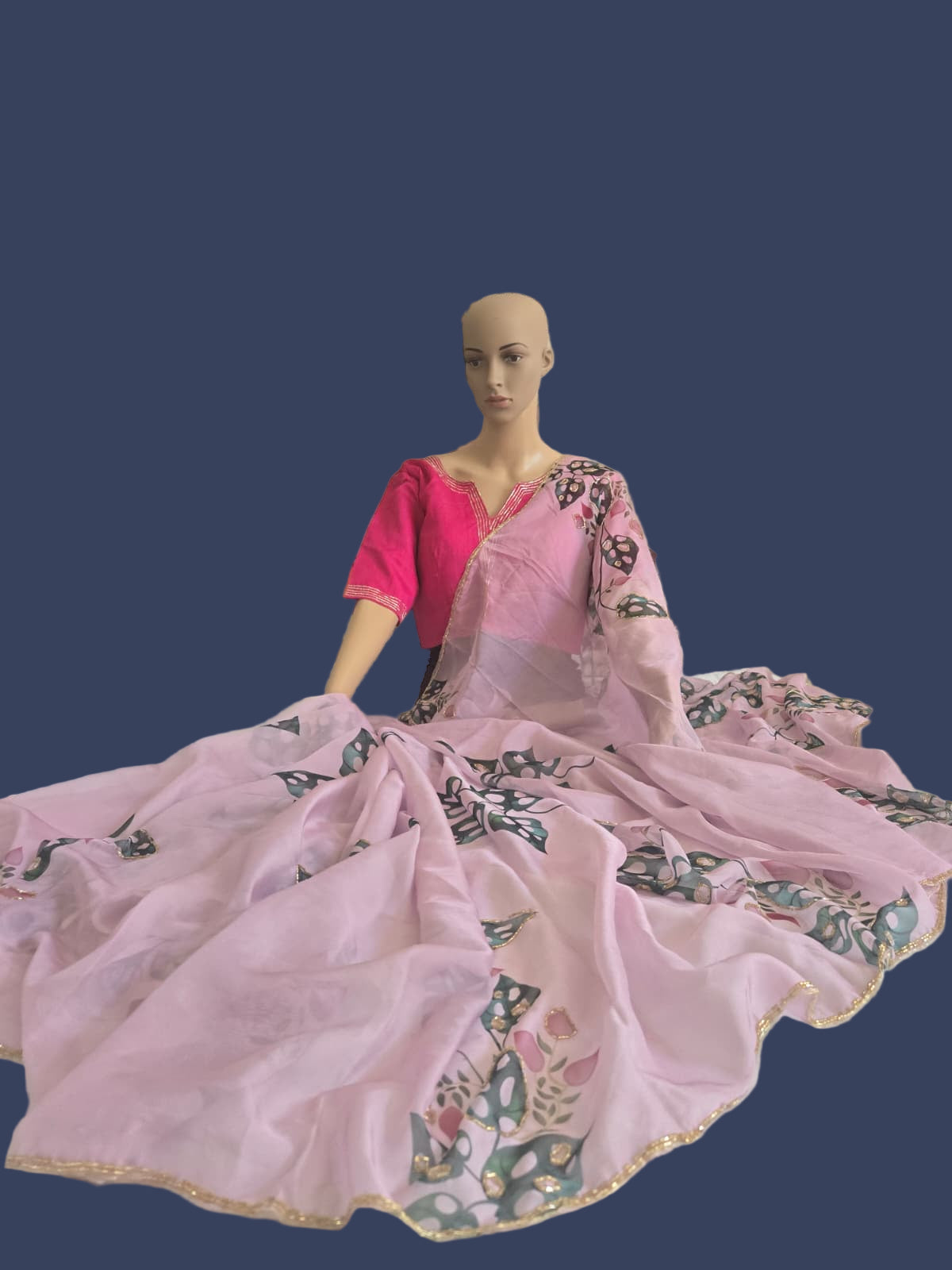Tebby Embroidery Silk Saree with Stitched Blouse Buy from USA with Floral Print & Handwork Khatli Cutdana Border