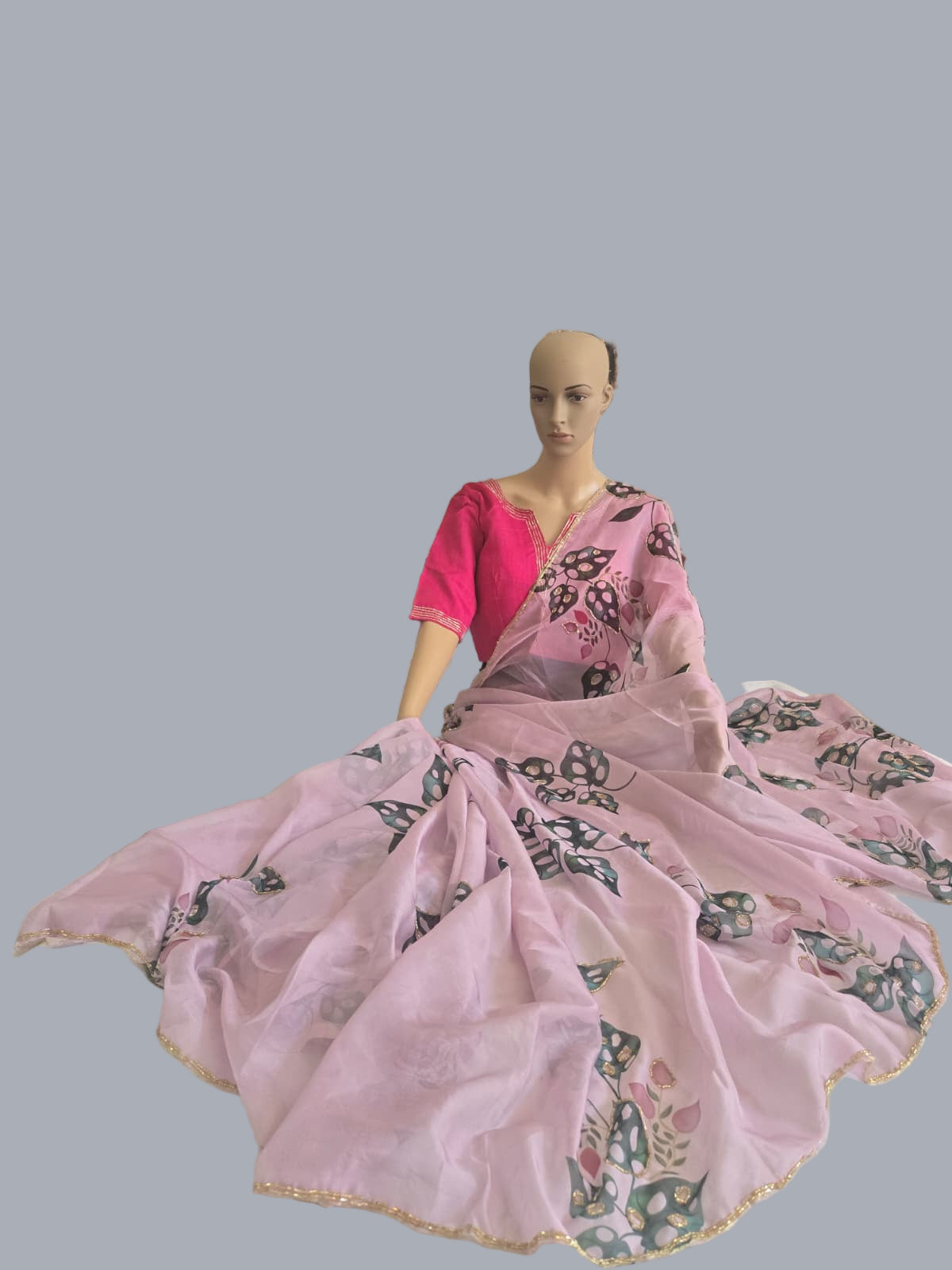 Tebby Embroidery Silk Saree with Stitched Blouse Buy from USA with Floral Print & Handwork Khatli Cutdana Border
