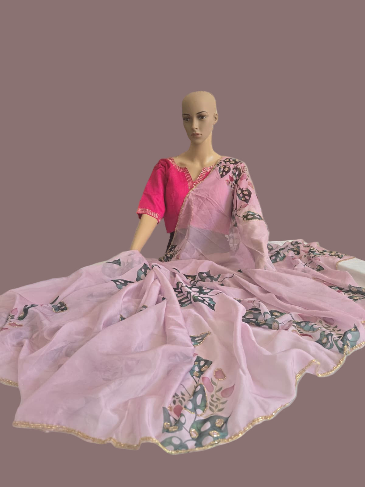 Tebby Embroidery Silk Saree with Stitched Blouse Buy from USA with Floral Print & Handwork Khatli Cutdana Border