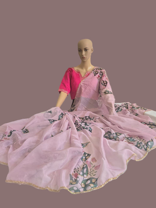 Tebby Embroidery Silk Saree with Stitched Blouse Buy from USA with Floral Print & Handwork Khatli Cutdana Border