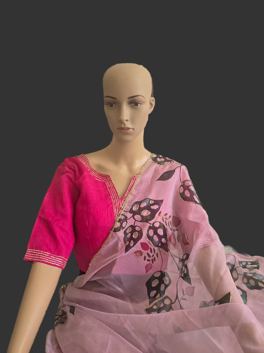 Tebby Embroidery Silk Saree with Stitched Blouse Buy from USA with Floral Print & Handwork Khatli Cutdana Border