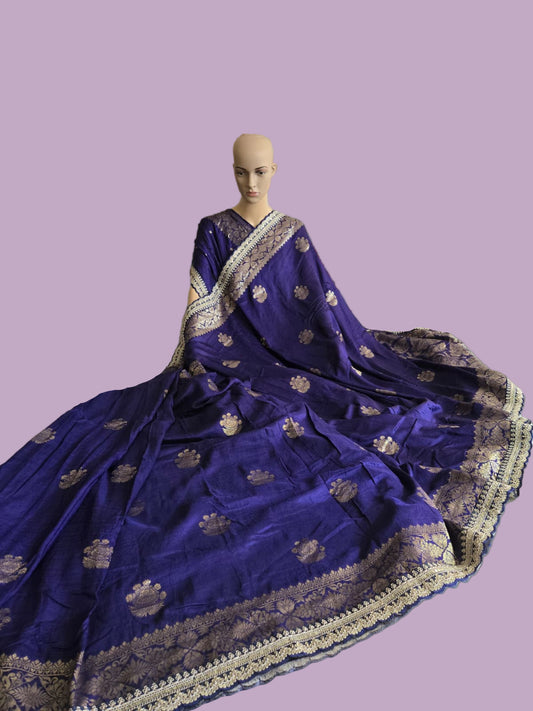 Russian Cotton Silk Weaving Saree with Rich Jari Pallu & Scalloped Embroidery Border - Navy Blue – Buy from USA