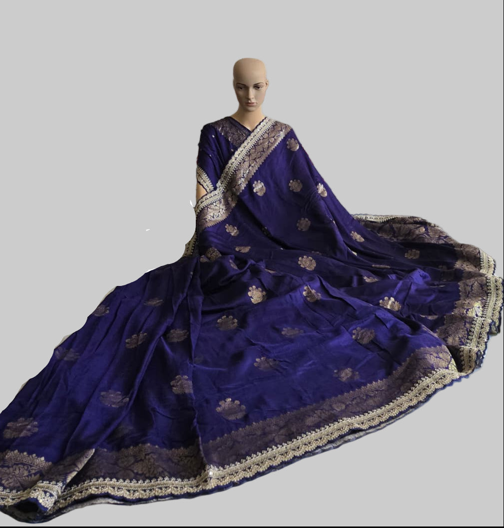 Russian Cotton Silk Weaving Saree with Rich Jari Pallu & Scalloped Embroidery Border - Navy Blue – Buy from USA