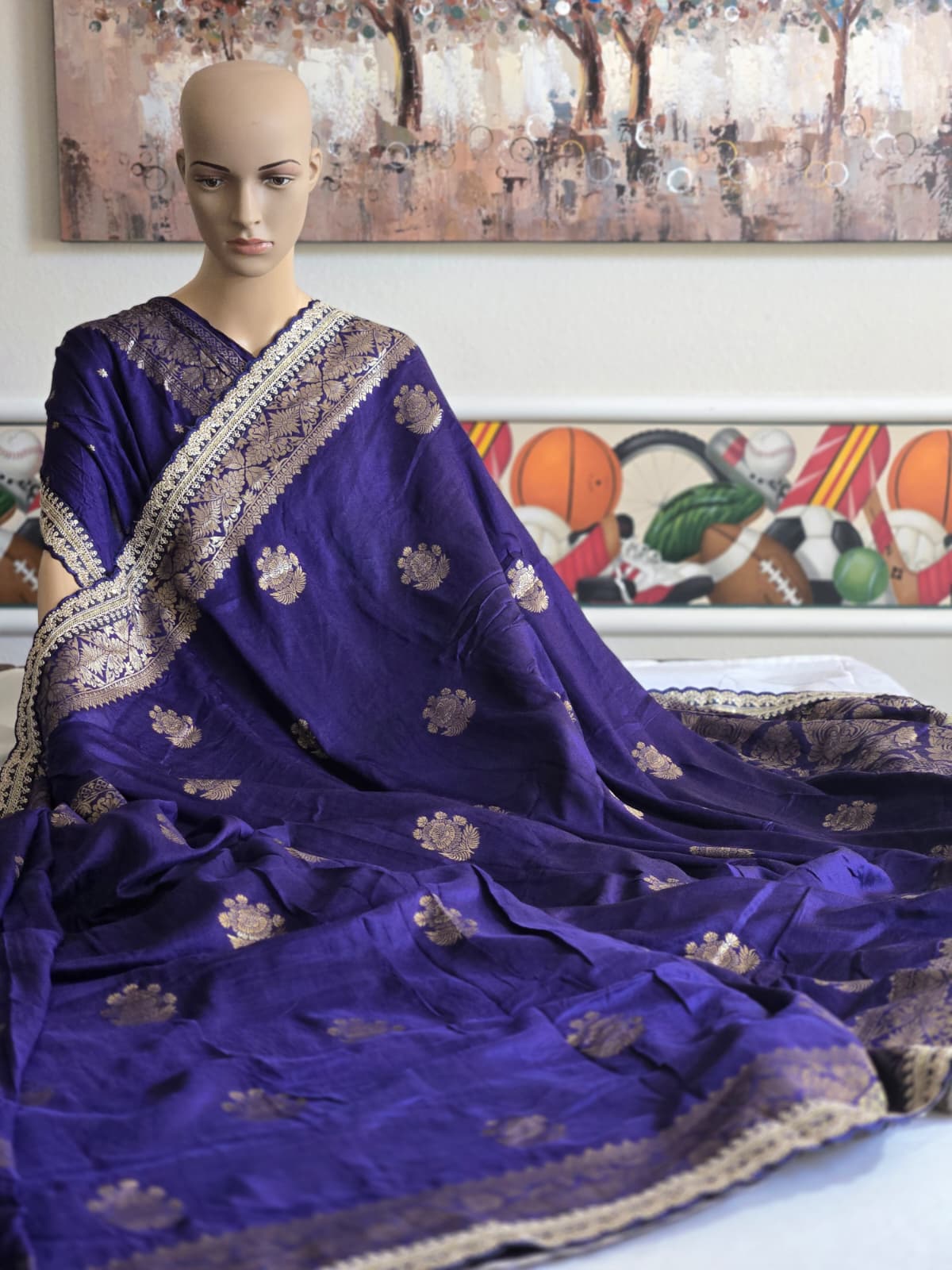 Russian Cotton Silk Weaving Saree with Rich Jari Pallu & Scalloped Embroidery Border - Navy Blue – Buy from USA