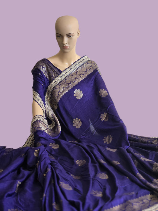Russian Cotton Silk Weaving Saree with Rich Jari Pallu & Scalloped Embroidery Border - Navy Blue – Buy from USA