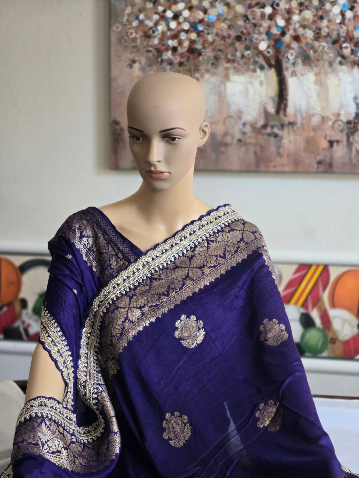 Russian Cotton Silk Weaving Saree with Rich Jari Pallu & Scalloped Embroidery Border - Navy Blue – Buy from USA