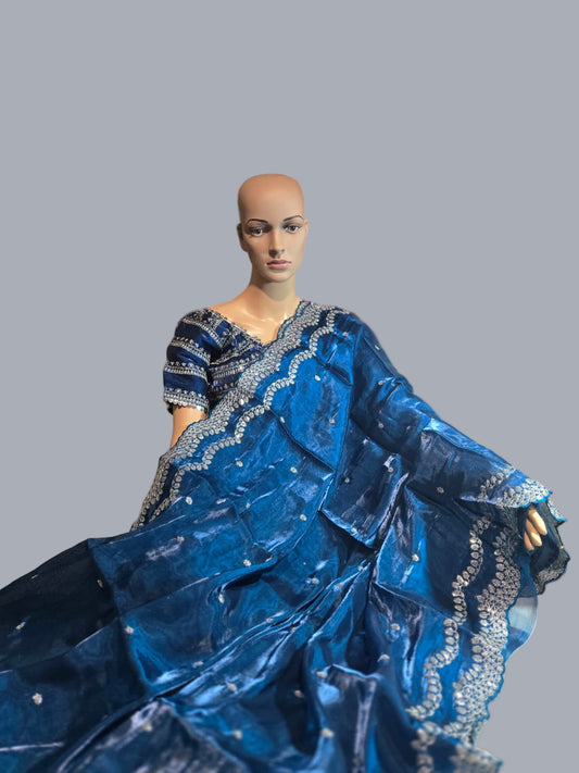 Pure Soft Zimmy Choo Silk Saree with Sequin Embroidery & Butta Work  Teal Blue– Stitched Blouse | Ships from USA