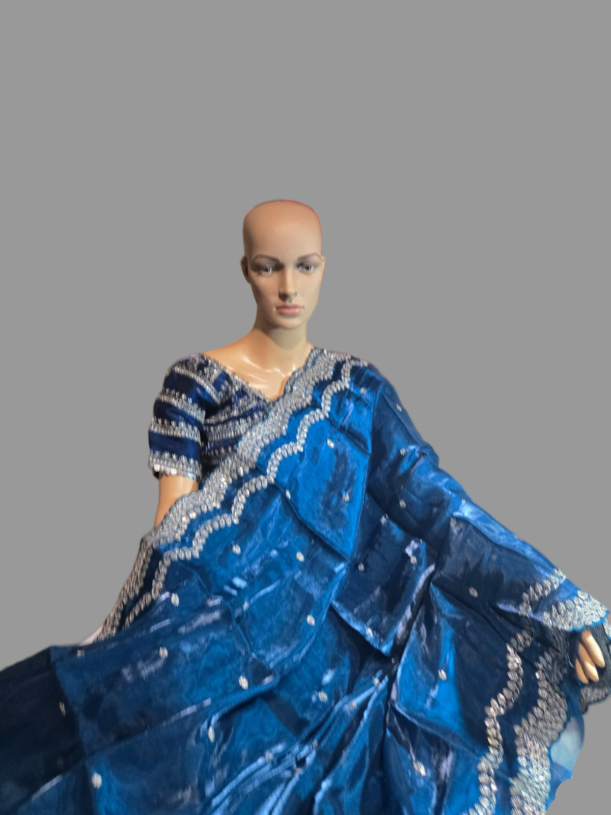 Pure Soft Zimmy Choo Silk Saree with Sequin Embroidery & Butta Work  Teal Blue– Stitched Blouse | Ships from USA
