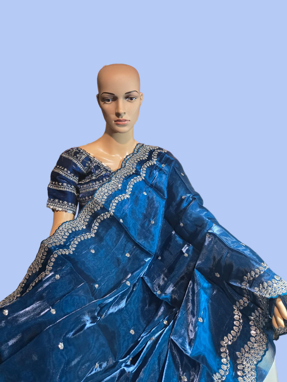 Pure Soft Zimmy Choo Silk Saree with Sequin Embroidery & Butta Work  Teal Blue– Stitched Blouse | Ships from USA