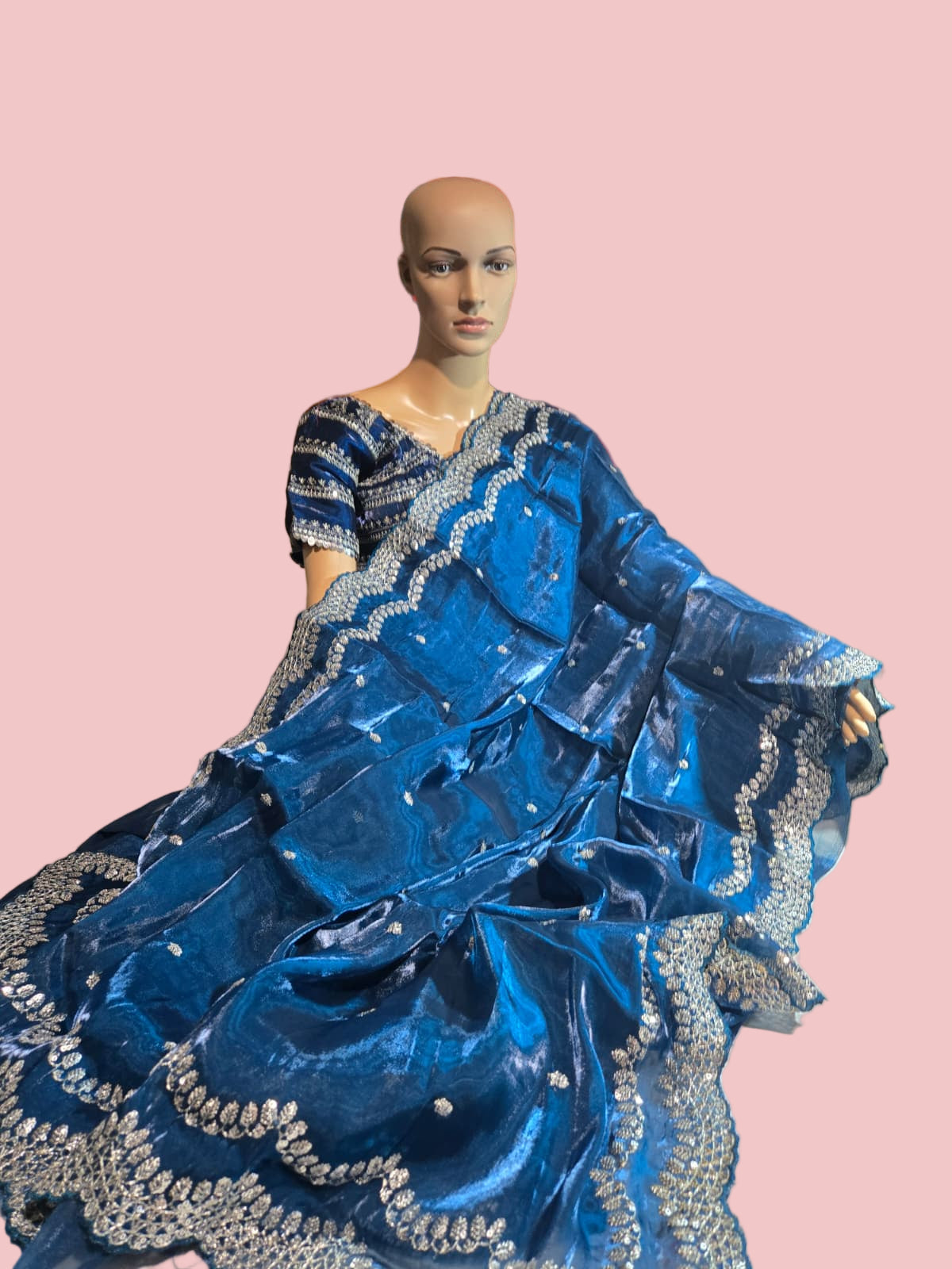 Pure Soft Zimmy Choo Silk Saree with Sequin Embroidery & Butta Work  Teal Blue– Stitched Blouse | Ships from USA
