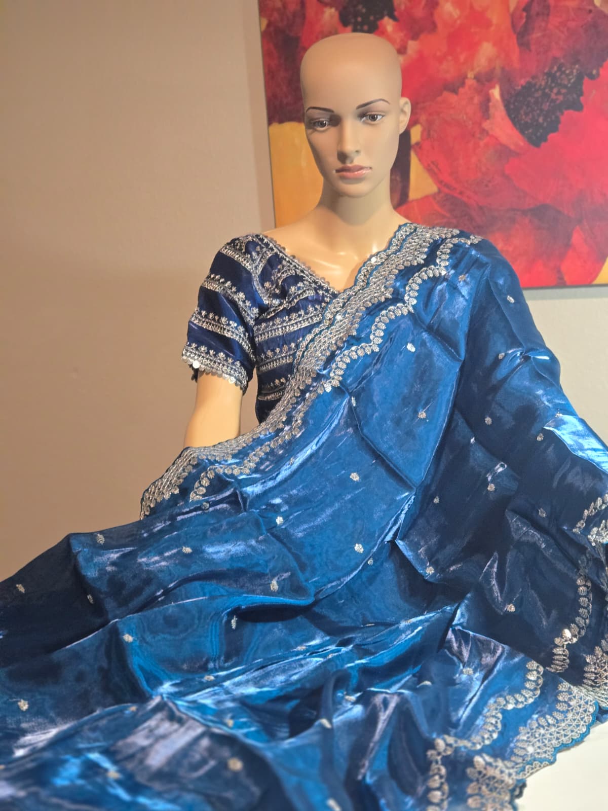 Pure Soft Zimmy Choo Silk Saree with Sequin Embroidery & Butta Work  Teal Blue– Stitched Blouse | Ships from USA