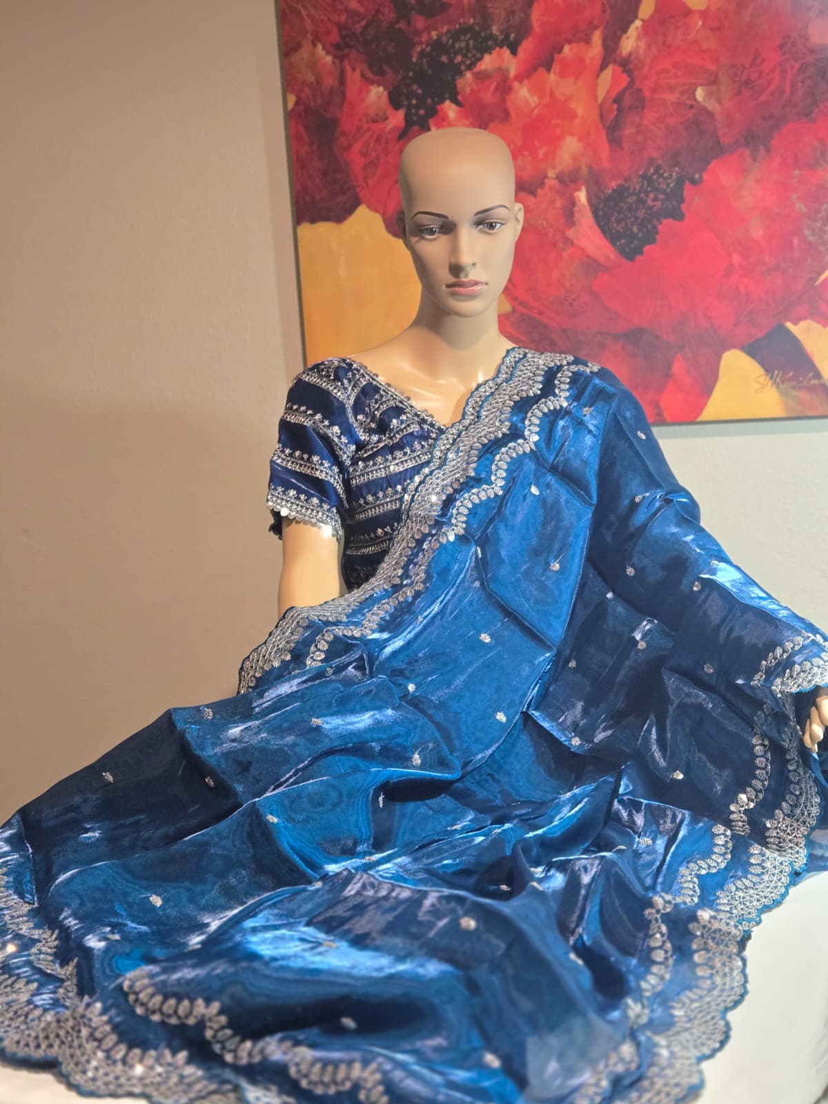 Pure Soft Zimmy Choo Silk Saree with Sequin Embroidery & Butta Work  Teal Blue– Stitched Blouse | Ships from USA