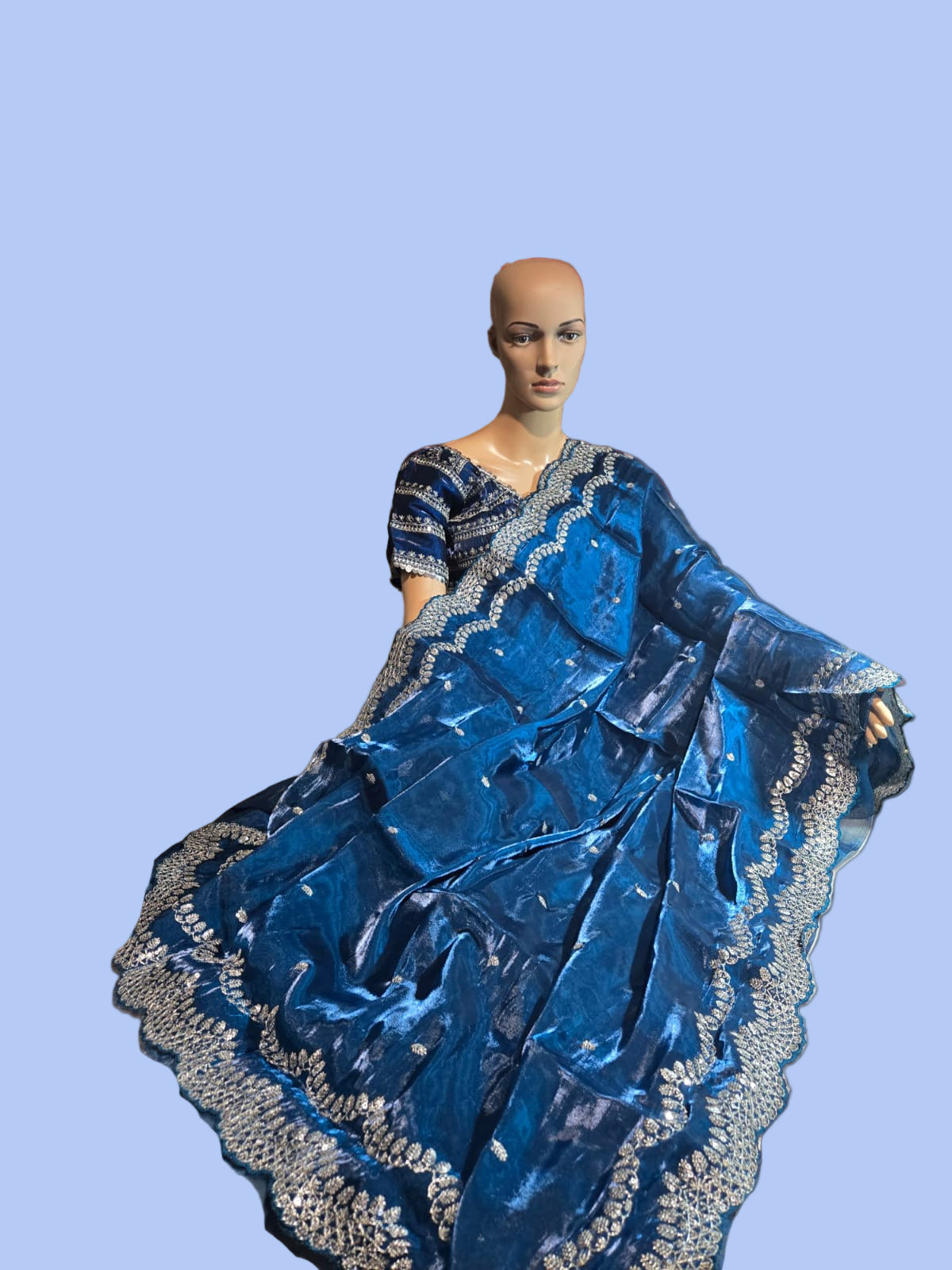 Pure Soft Zimmy Choo Silk Saree with Sequin Embroidery & Butta Work  Teal Blue– Stitched Blouse | Ships from USA