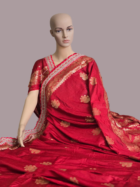Premium Russian Cotton Silk Weaving Saree Scalloped Embroidery Border -Red– Buy from USA